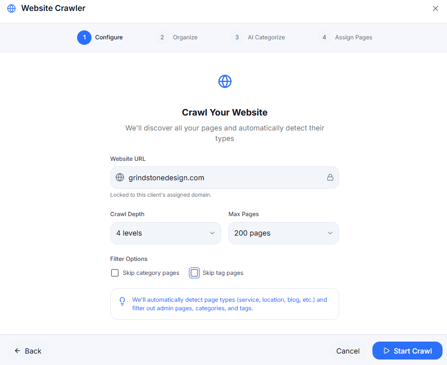 Cloud-based site crawler discovering every URL via sitemap traversal and internal link following, auto-classifying each page as money, pillar, supporting, service, location, or product and capturing anchor text on every internal link